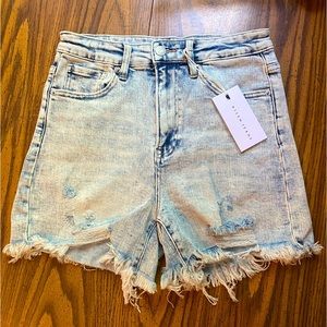 Risen High Rise Distressed Acid Light Blue Jean Shorts